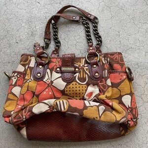 Isabella Fiore Shoulder Bag Purse Brown beads leather chain straps preowned